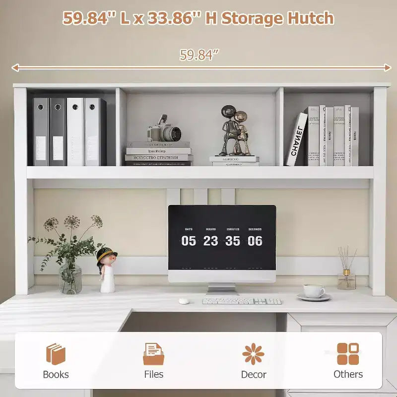 Zevemomo Scrivania a L da 60 con libreria e cassetti, Scrivania angolare per computer con ripiani a giorno, per ufficio o camera da letto, Bianco moderno