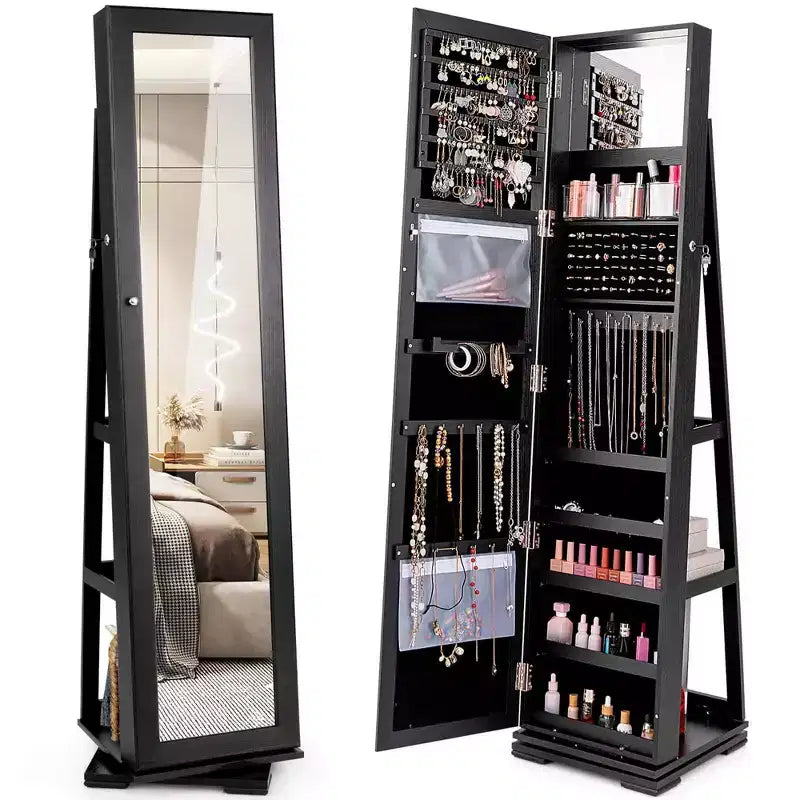 Costway Armoire à bijoux rotative à 360° 2-en-1 Organiseur miroir verrouillable Blanc/Noir/Marron foncé/Gris/Bleu/Rose/Violet/Gris foncé