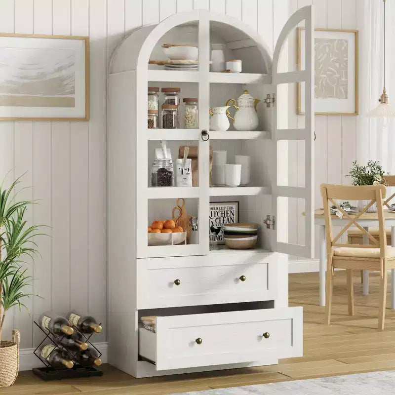 Garde-manger de cuisine, Garde-manger de cuisine haut de 72 po à arche, Armoire en bois polyvalente de style campagnard avec tiroirs, Armoire de style ferme moderne