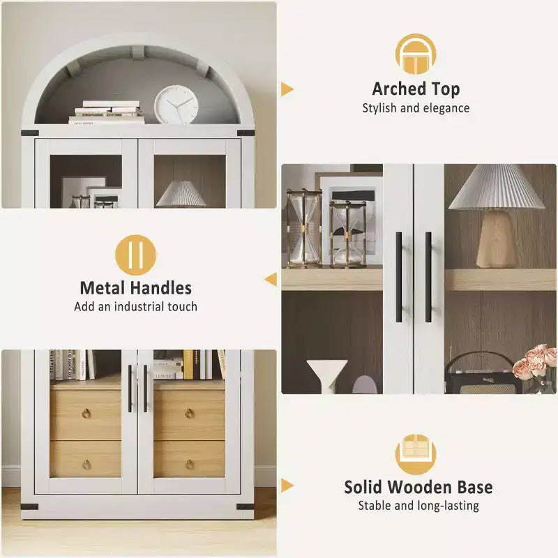 Libreria alta ad arco GustoWave 71.4 con 4 ante e 2 cassetti, armadietto espositivo profondo 15.8 con ripiani, scaffale in legno