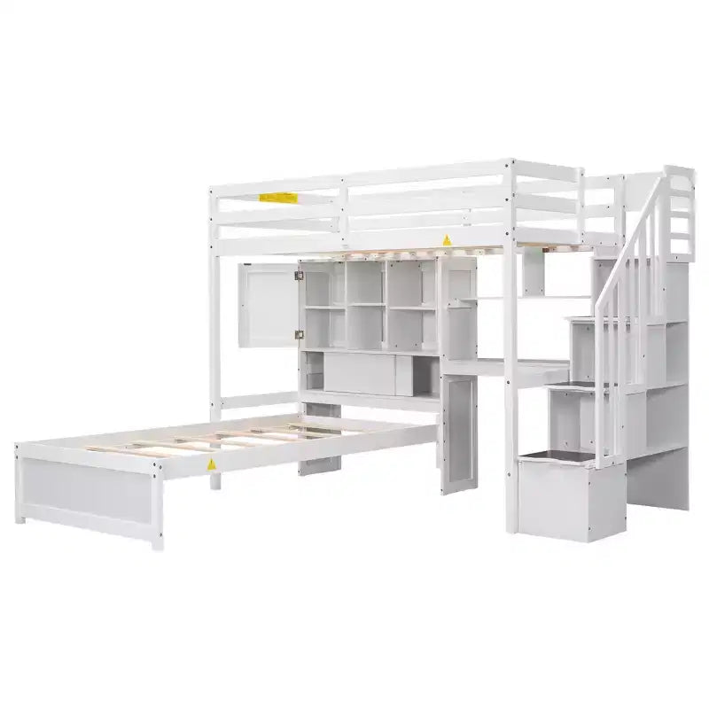 Lit superposé double en bois avec bureau et escalier, lit mezzanine double en L avec rangements et étagères
