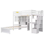 Lit superposé double en bois avec bureau et escalier, lit mezzanine double en L avec rangements et étagères