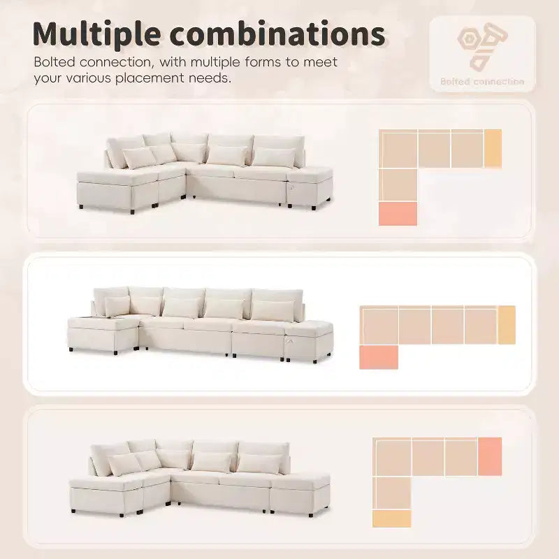 Canapé-lit modulaire sectionnel Whisen 270 - 6 places en forme de L avec pouf de rangement, canapé en chenille, personnalisable pour salon et appartement