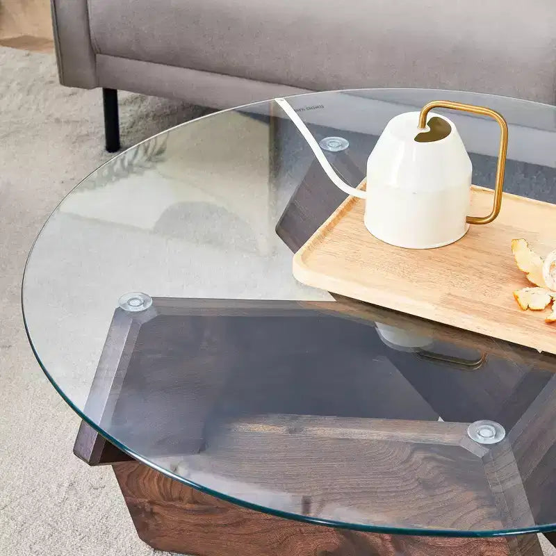 Tavolino da Caffè Rotondo Moderno in Vetro Okak, Tavolino da Tè Piccolo dal Design Distintivo con Gambe in Legno per Soggiorno, Reception, Ufficio, Casali