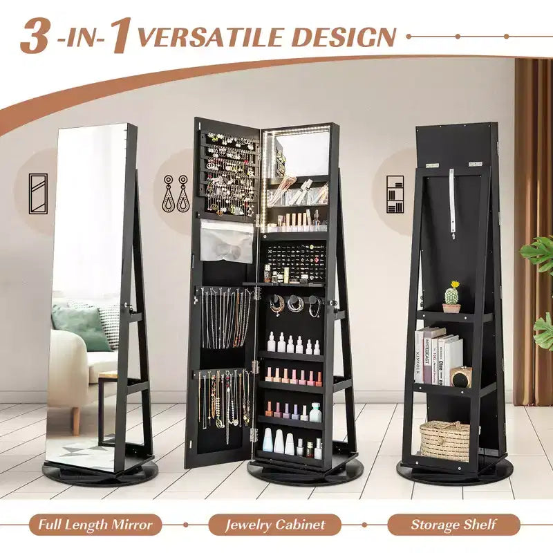 Costway Armoire à bijoux rotative à 360° avec miroir, 3 modes de couleur LED, verrouillable, noir