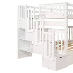 Letto a castello Full over Full con scaletta per bambini, struttura a castello matrimoniale con 6 cassetti e ringhiera per cameretta o dormitorio