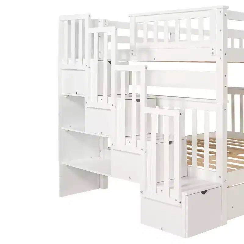 Letto a castello Full over Full con scaletta per bambini, struttura a castello matrimoniale con 6 cassetti e ringhiera per cameretta o dormitorio