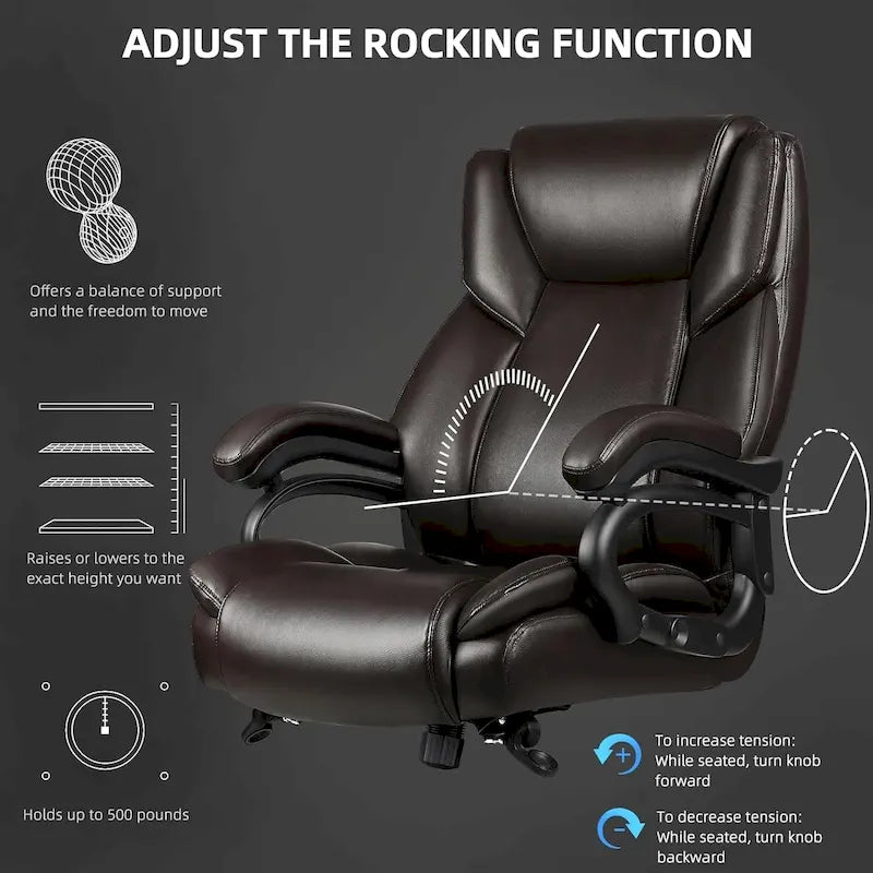 Sedia da Ufficio Direzionale Bossin Extra Large, 500 libbre, Ergonomica con Supporto Lombare Regolabile, Schienale Alto in Pelle PU, per Computer