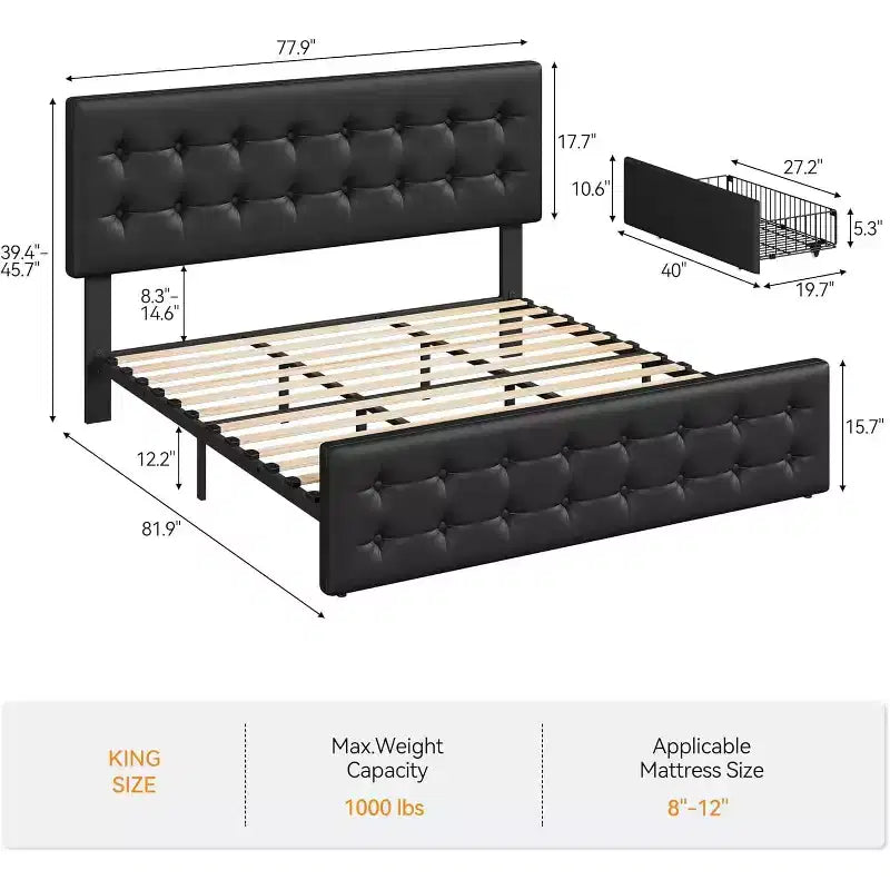 Lit coffre avec 4 tiroirs et tête de lit réglable - Lit plateforme rembourré