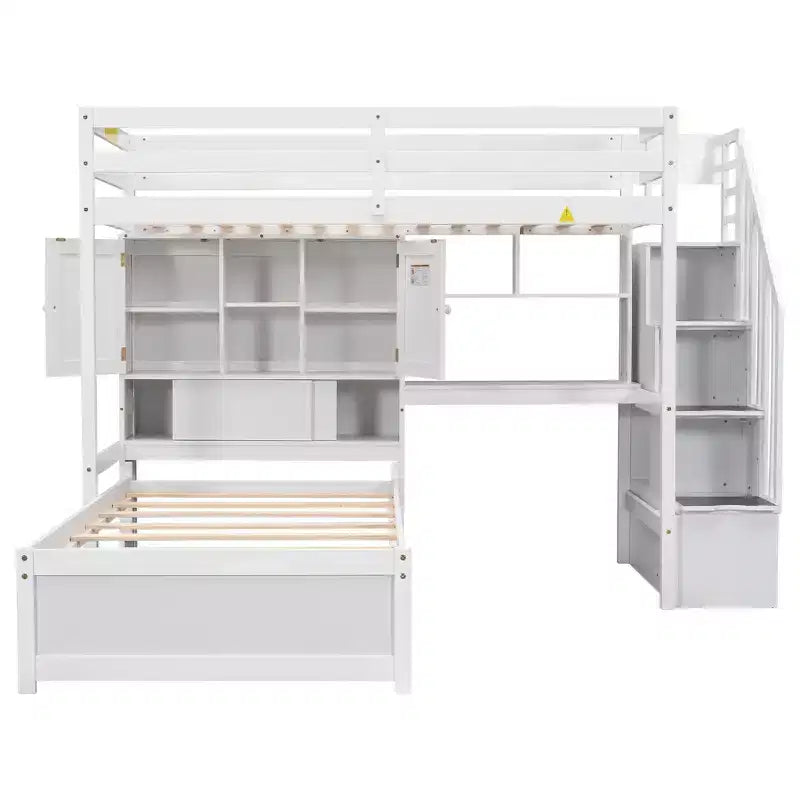 Lit superposé double en bois avec bureau et escalier, lit mezzanine double en L avec rangements et étagères