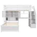 Lit superposé double en bois avec bureau et escalier, lit mezzanine double en L avec rangements et étagères