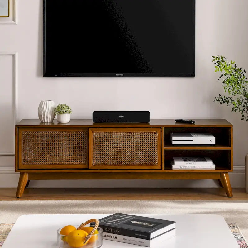 Mobile TV vintage in rattan con 2 armadietti e 4 gambe in legno per soggiorno, camera da letto e ufficio