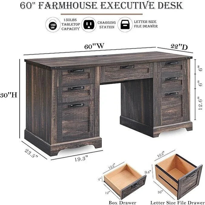 Scrivania direzionale da 60 pollici in stile rustico, scrivania per ufficio domestico in legno, scrivania per computer
