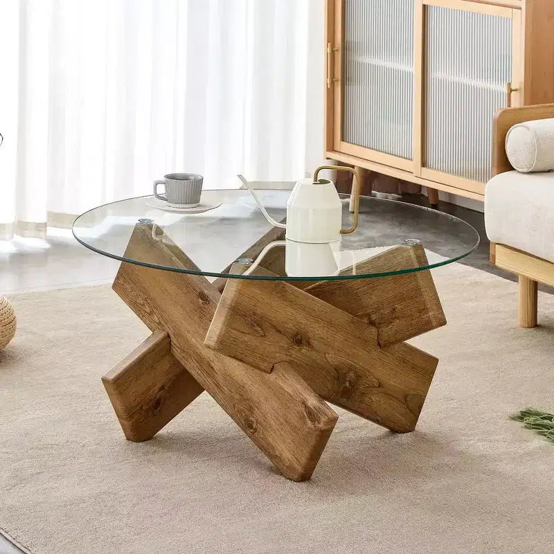 Tavolino da Caffè Rotondo Moderno in Vetro Okak, Tavolino da Tè Piccolo dal Design Distintivo con Gambe in Legno per Soggiorno, Reception, Ufficio, Casali