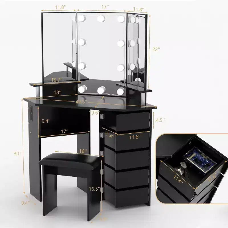 Coiffeuse d'angle avec lumières, table de maquillage avec prise de courant et tiroirs rotatifs pour chambre à coucher