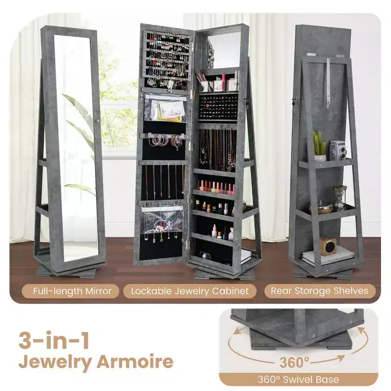 Costway Armoire à bijoux rotative à 360° 2-en-1 Organiseur miroir verrouillable Blanc/Noir/Marron foncé/Gris/Bleu/Rose/Violet/Gris foncé