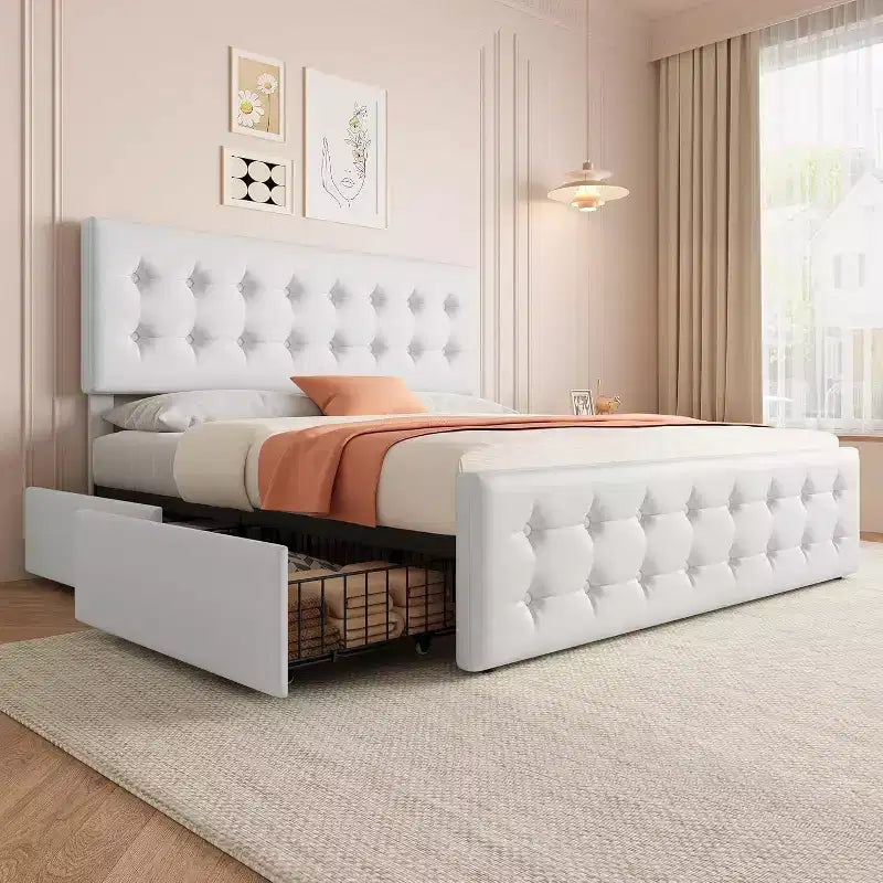 Letto contenitore con 4 cassetti e testiera regolabile - Base letto imbottita