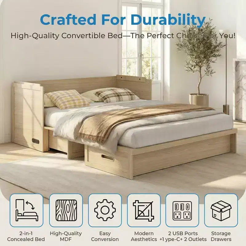 Mjkone Letto a Scomparsa Convertibile Matrimoniale Queen Size con Ricarica USB, Cassetti Contenitori, Materasso Escluso