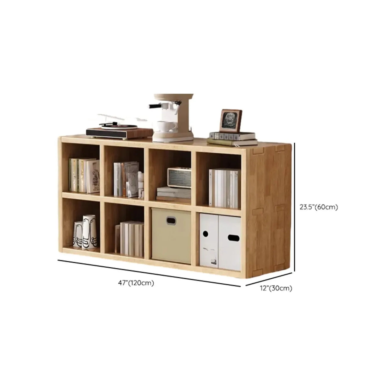 Libreria moderna orizzontale in legno a 8 cubi, finitura naturale
