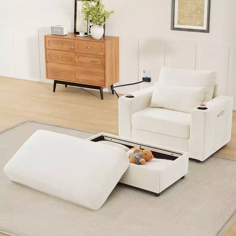 Chaise longue convertible avec pouf de rangement mobile, assise profonde