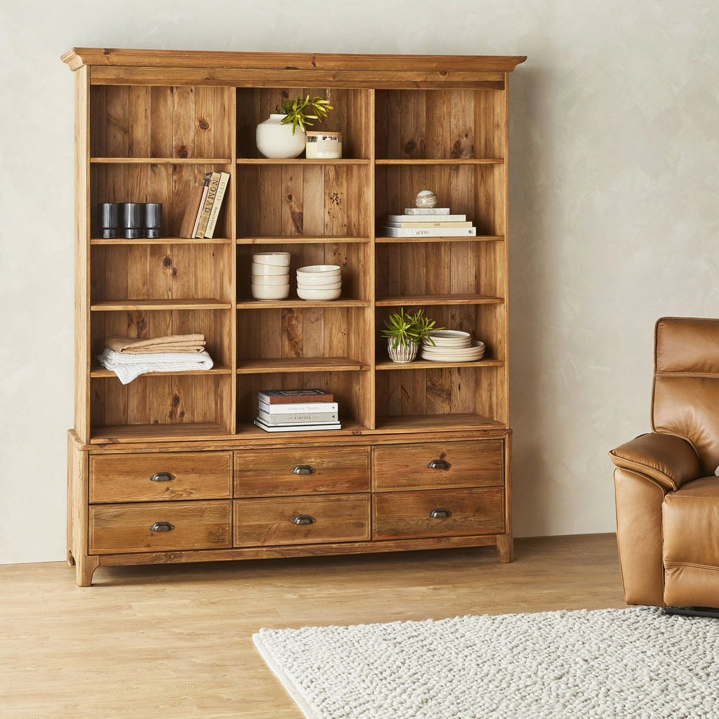 Meuble bibliothèque Kalise avec 6 tiroirs en bois de récupération marron vintage