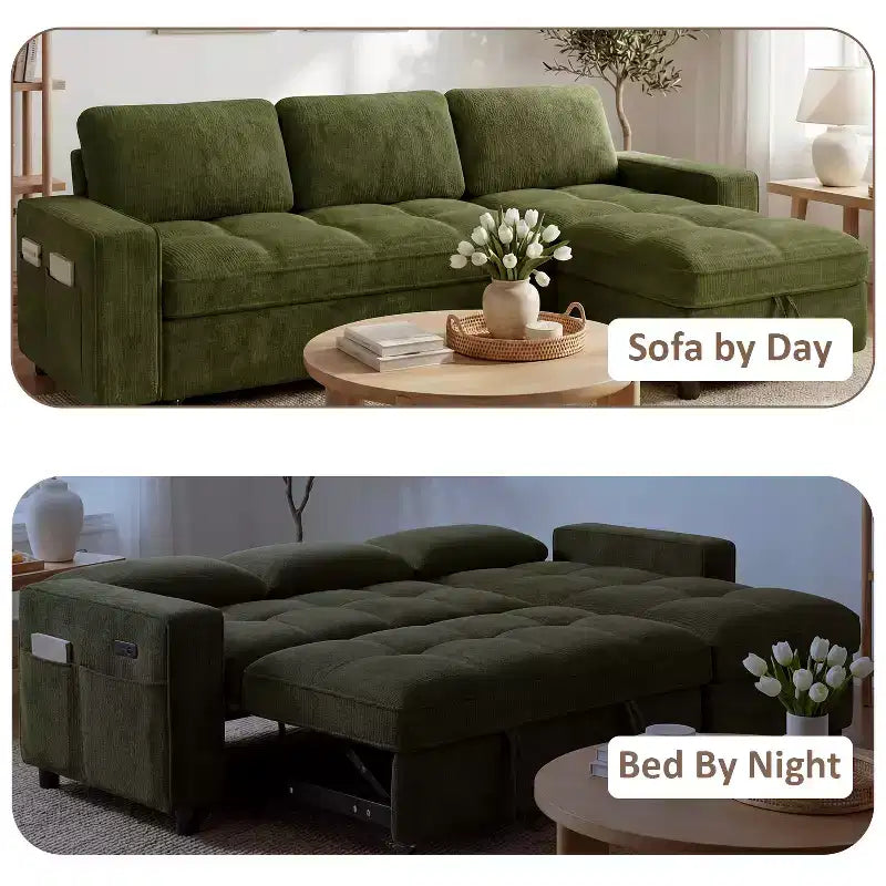 Divano Letto, Divano Estraibile a L da 81 pollici con Chaise Longue Reversibile e Contenitore/Porta USB/Tasca Laterale/Montaggio Senza Attrezzi, Velluto a Coste Beige
