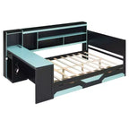 Lit de repos Gamer Hub avec bureau, lumières RGB, station de recharge, tiroirs de rangement et tête de lit bibliothèque