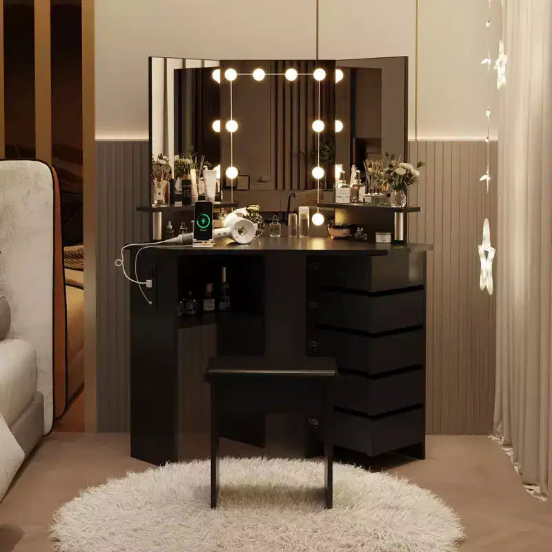 Coiffeuse d'angle avec lumières, table de maquillage avec prise de courant et tiroirs rotatifs pour chambre à coucher