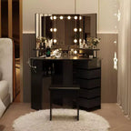 Coiffeuse d'angle avec lumières, table de maquillage avec prise de courant et tiroirs rotatifs pour chambre à coucher