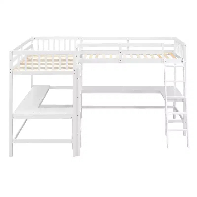 Letto a soppalco a L matrimoniale in legno da 119''L 79.5''W con scaletta e 2 scrivanie a L integrate