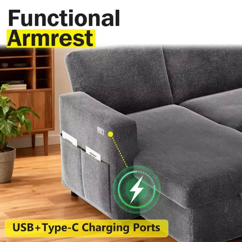 Canapé convertible 2 en 1 Dyonery avec méridienne de rangement, sectionnel en chenille avec ports USB pour salon