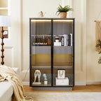 Vitrine éclairée LED Meuble de rangement avec porte en verre trempé, 2 tiroirs, étagères réglables, Moderne Minimaliste, Gris-ModernLuxe