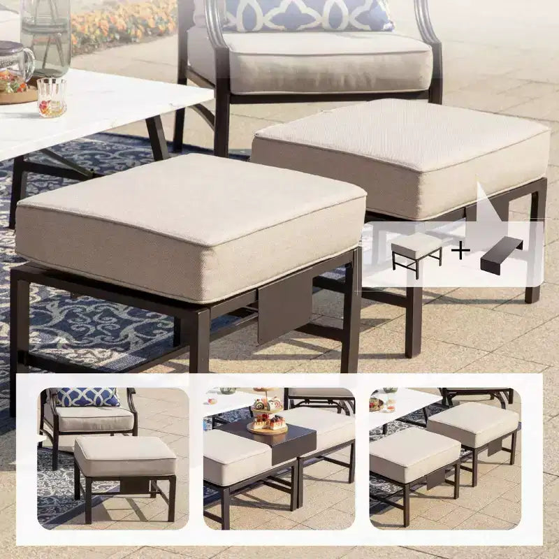 Captiva Designs Set Conversazione da Esterno 5 Pezzi XL in Metallo con Sedie Girevoli e Pouf Beige: Struttura in Acciaio, Resistente a Ruggine e Acqua