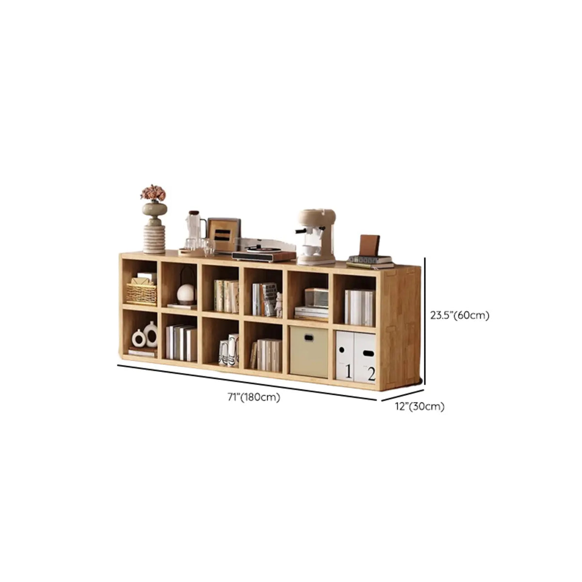 Libreria moderna orizzontale in legno a 8 cubi, finitura naturale