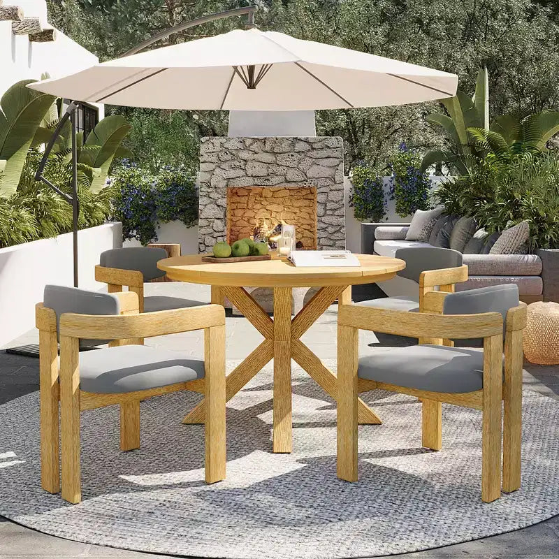 ModernLuxe Set da pranzo rotondo da esterno a 5 pezzi in legno di acacia, tavolo da 47" con 4 sedie a barilotto imbottite per giardino/patio/cortile