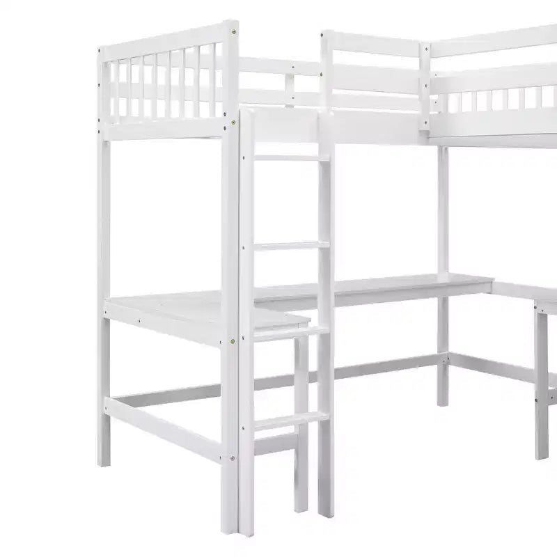Letto a soppalco a L matrimoniale in legno da 119''L 79.5''W con scaletta e 2 scrivanie a L integrate