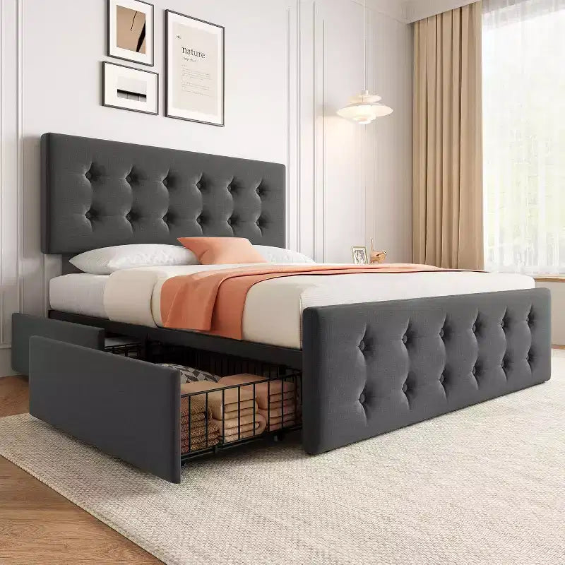 Letto contenitore con 4 cassetti e testiera regolabile - Base letto imbottita