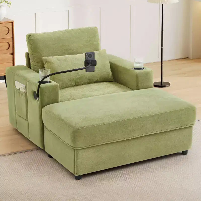 Chaise longue convertible avec pouf de rangement mobile, assise profonde