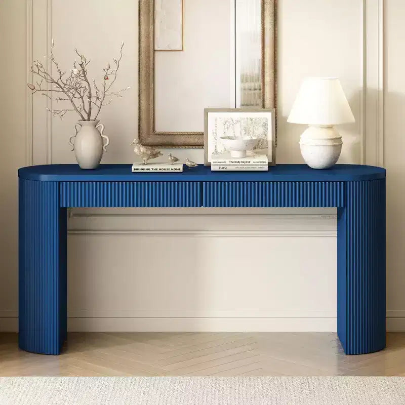 Consolle da 147,8 cm con Gambe Robuste Ad Arco Regolabili, Tavolo da Ingresso con Ampio Piano e Doppio Cassetto, Tavolino d'Appoggio per Soggiorno