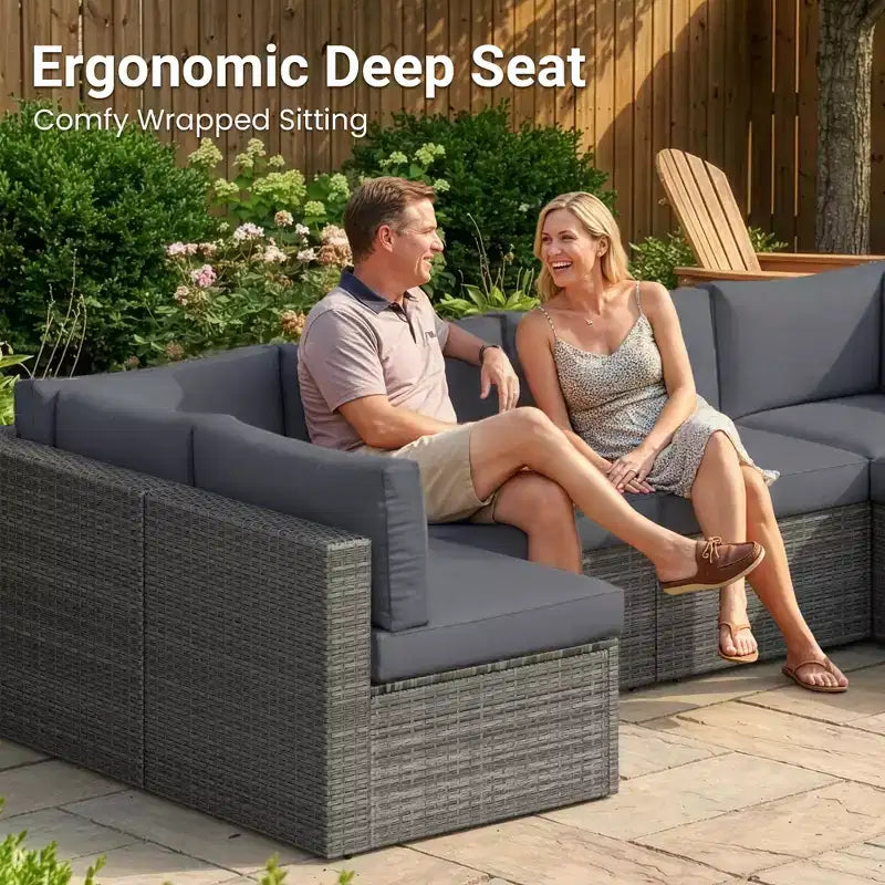 Set di Mobili da Esterno in Rattan a 7 Pezzi, Set Salotto da Esterno in Wicker con Cuscini e Tavolino da Caffè, Divano Sezionale Modulare da Esterno