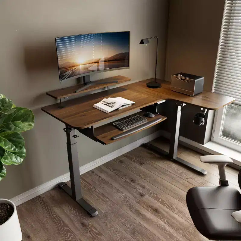 Bureau assis-debout en forme de L EUREKA ERGONOMIC 60x23 avec accessoires