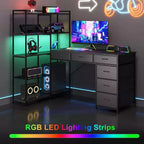Scrivania per computer a L da 47" con 6 cassetti e mensole a 5 ripiani, scrivania angolare reversibile da gaming con luci LED e prese di corrente