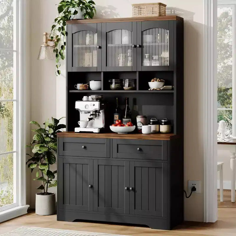 Dispensa da cucina alta 71 pollici con stazione di ricarica, armadio dispensa alto con supporto per microonde, credenza da cucina rustica con cassetti