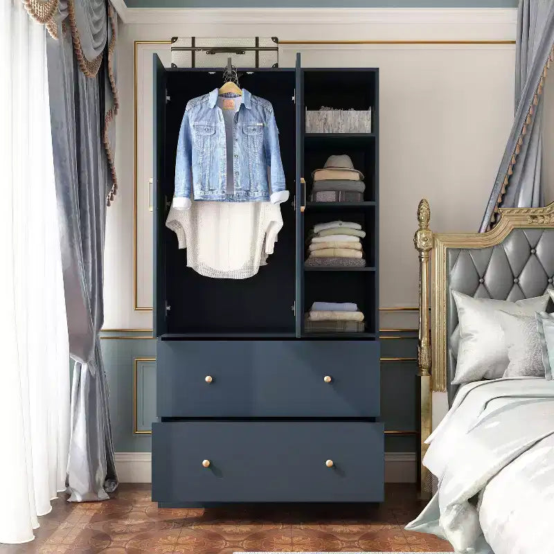 Armoire 2 portes avec miroir, tringle à vêtements et 2 tiroirs