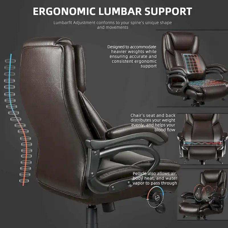 Sedia da Ufficio Direzionale Bossin Extra Large, 500 libbre, Ergonomica con Supporto Lombare Regolabile, Schienale Alto in Pelle PU, per Computer