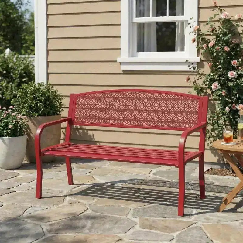 Panca in metallo per esterni a 2 posti per giardino, mobile con panchine in acciaio con schienale geometrico per patio, giardino e portico