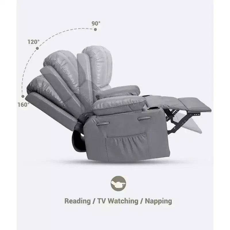 27 Poltrona reclinabile manuale in pelle oversize con portabicchieri e tasche laterali, 180 kg