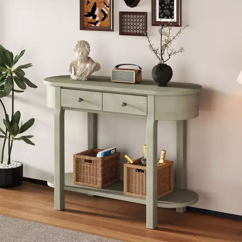 Table console élégante Okak avec finition lisse, table d'entrée avec design incurvé et 2 tiroirs, table d'appoint pour salon, couloir