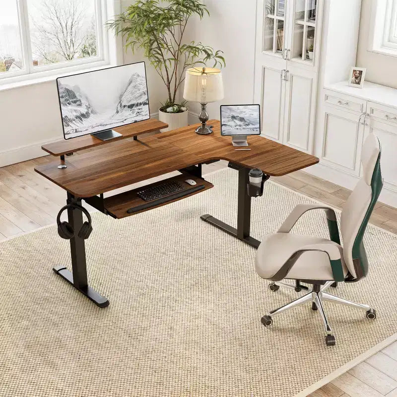 Bureau assis-debout en forme de L EUREKA ERGONOMIC 60x23 avec accessoires