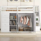 Lit mezzanine pleine taille Teddy Fleece avec étagère de rangement et tiroirs, lit mezzanine haut en bois avec bureau polyvalent pour chambre à coucher